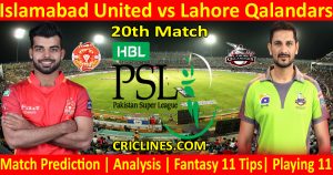 Today Match Prediction-Islamabad United vs Lahore Qalandars-PSL T20 2021-20th Match-Who Will Win